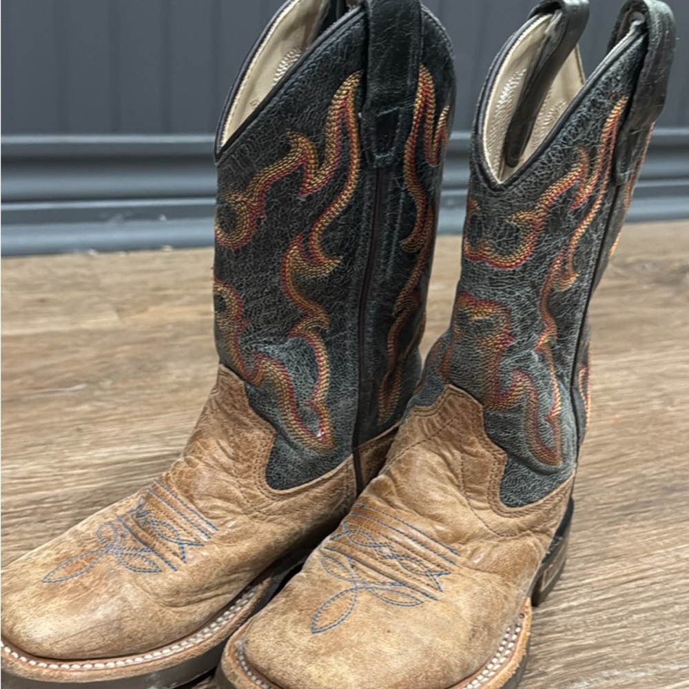 Old West Kids Brown and Black Flame Embroidered Cowboy Boots